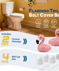 Pink Flamingo Toilet Bolt Covers Set With 2 Ceramic Flamingo Caps And 4 Universal Toilet Screw Cover Caps in bathroom view