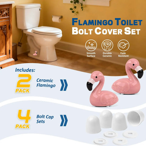 Pink Flamingo Toilet Bolt Covers Set With 2 Ceramic Flamingo Caps And 4 Universal Toilet Screw Cover Caps in bathroom view