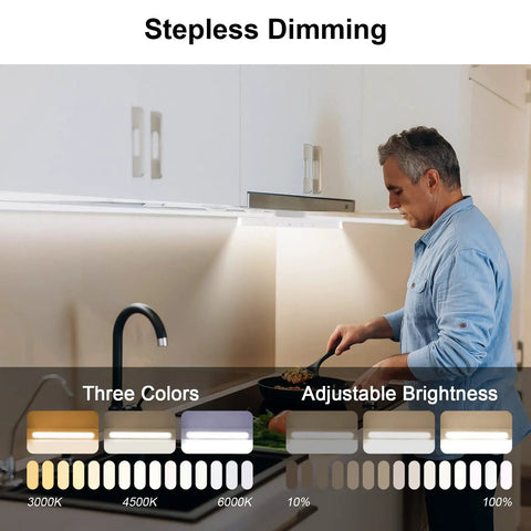 Man cooking under Wireless Under Cabinet Lights 56 LED With Touch Control, Magnetic Closet Lighting, Rechargeable USB-C Battery