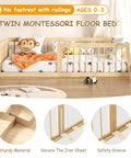 Low Profile Twin Floor Bed With Quick Release Guardrails And Sturdy Wood Frame, featuring wooden frame and soft bedding for toddlers.