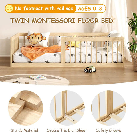 Low Profile Twin Floor Bed With Quick Release Guardrails And Sturdy Wood Frame, featuring wooden frame and soft bedding for toddlers.