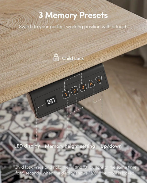 CubiCubi Large Electric Height Adjustable Standing Desk Maple Surface showing memory preset controls and LED display.