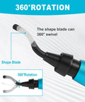 Side view of Aleric deburring tool with curved steel blade and blue handle; 360° swivel