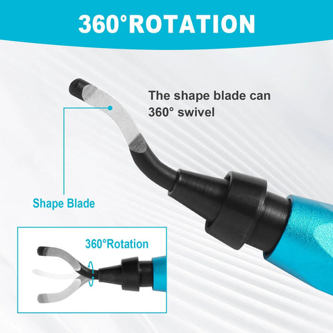 Side view of Aleric deburring tool with curved steel blade and blue handle; 360° swivel