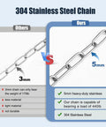 Comparison of 3mm chain vs. 5mm heavy-duty stainless chain, highlighting differences in load capacity and durability.