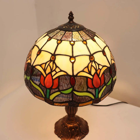 Tulip Flower Tiffany Style Stained Glass Table Lamp With 12 Inch Wide Shade And 18 Inch Tall Handmade Metal Base Cozy Night Light