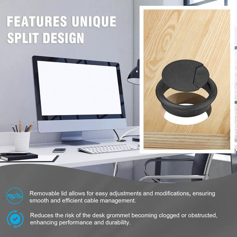 Premium 2 3 8 Inch Spring Desk Grommet And Hassle Free Cable Hole Cover For Chill Home Office Cord Management And Smart Wire Organization shown in a split design.