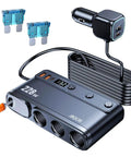 Heavy Duty Cigarette Lighter Splitter With 45W Retractable Type C Car Charger Cable, multi-port hub with USB outputs.