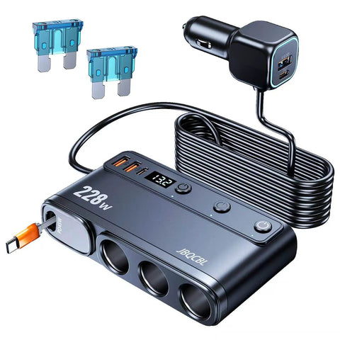 Heavy Duty Cigarette Lighter Splitter With 45W Retractable Type C Car Charger Cable, multi-port hub with USB outputs.