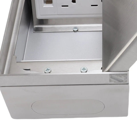 Inside view of Heavy Duty Stainless Steel Recessed Floor Power Outlet Kit With Usb A Charging Port And Ethernet Jack.