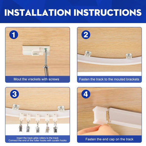 Curved Ceiling Curtain Track Bendable Mount For Curtain Rail Two Meter Length Flexible Cuttable To Fit Any Shape Perfect For Bunk Beds Bay Windows And Room Dividers Easy No Tool Installation And Durable Steel installation steps with brackets, track, rollers, and end cap
