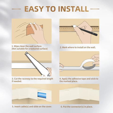 Illustrated step-by-step guide to install One Cord Channel Cable Hider For Wall Cables 254 Inch Length White Cable Cover For TV Mounts
