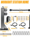 Wall Mount Lat Pulldown System with Pulldown Bar, Tricep Rope, Resistance Bands, Loading Pin, Cable Pulleys components and dimensions