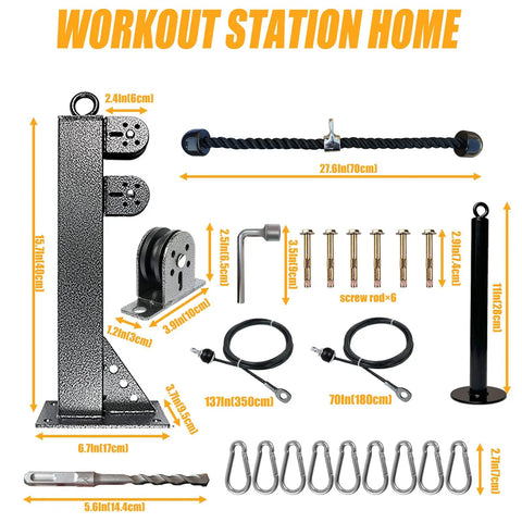 Wall Mount Lat Pulldown System with Pulldown Bar, Tricep Rope, Resistance Bands, Loading Pin, Cable Pulleys components and dimensions