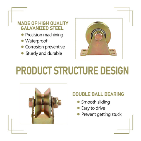 Set of four 2-inch V-groove casters on galvanized steel brackets; front and side views show double-ball bearings.