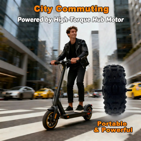 Rider using Beefy 3500W 11-Inch Hub Motor for electric scooters in urban setting, showcasing brushless power and tubeless off-road capability.