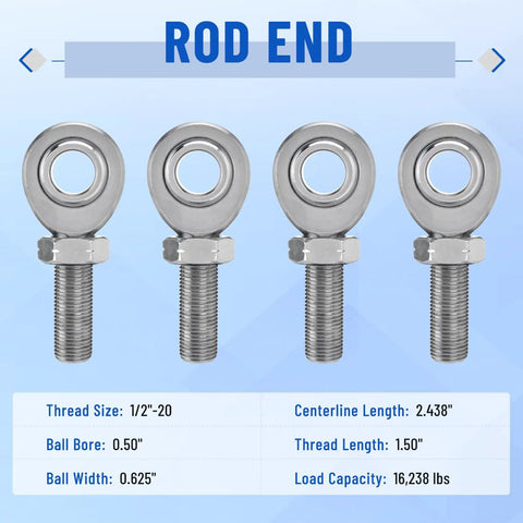 Beefed Up One Half Inch Heim Joint Kit Left And Right Hand Thread Rod Ends With Jam Nut, Heat Treated And Hard Chrome Plated For Up To 16,238 Lbs Load, Perfect For Steering And Suspension, Traction Bars And Steering Joints. 1/2-inch rod ends with jam nuts