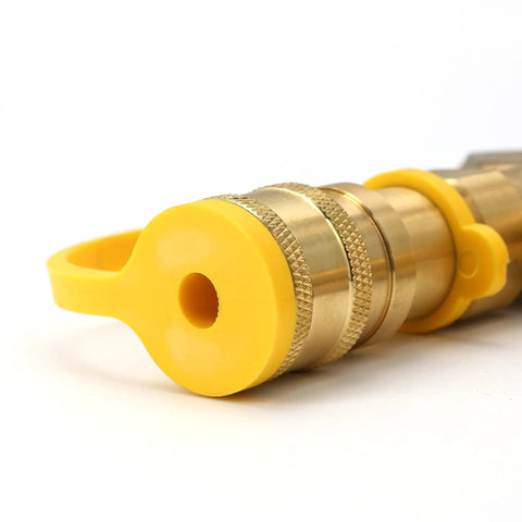 Close-up of Gas Y Splitter For Propane Hoses With Brass 2 Way Tee Quick Connect Adapters And Shut Off Valve Conversion Kit in brass and yellow