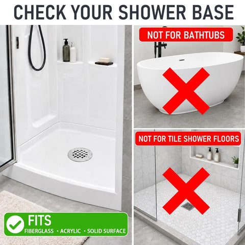 Image showing compatible shower bases for Slick Two Inch No Caulk PVC Compression Shower Drain With Four Point Two Five Inch Knockout Steel Grate.