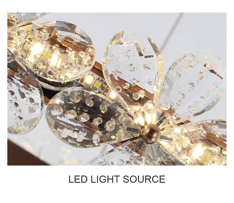 Modern LED s Gold Living Room Light Nordic Crystal Pendant Lighting for Bedroom Kitchen Lustre Moderno close-up of LED light source.