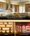 RibbonFlex Pro 24V White COB Tape Light 3000K 16.4 ft installed above cabinets, shelving, and room accents, UL Listed for home lighting.