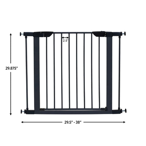 29 Inch High Walk Through Pressure Mounted Steel Dog Gate Expands From 29 To 38 Inches Wide With 3 Inch Extensions Includes 19 Inch Walk Through Door That Swings Both Ways For Easy Access In High Traffic Areas Textured Graphite No Fuss, front view