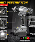 Cordless Impact Wrench Three Quarter Inch Brushless High Torque Bare Tool For Beefed Up Heavy Duty Automotive Use Delivers 1850 Ft Lbs 2500 Nm Of Torque 20V Battery Compatible Take Anywhere Power No Battery Included showing features like square driver, speed control, and LED light.