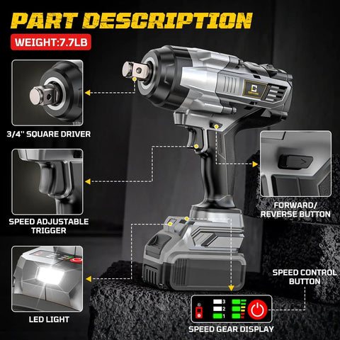 Cordless Impact Wrench Three Quarter Inch Brushless High Torque Bare Tool For Beefed Up Heavy Duty Automotive Use Delivers 1850 Ft Lbs 2500 Nm Of Torque 20V Battery Compatible Take Anywhere Power No Battery Included showing features like square driver, speed control, and LED light.