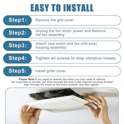 Installation steps for No Fuss Drop In Replacement Kit For Bathroom Vent Fan Motor With Blower Wheel, 50 CFM 120V Exhaust Fan