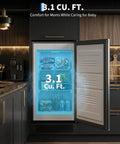 3.1 Cu Ft Upright Freezer With Sleek Stainless Steel Finish showing open door with organized shelves and frozen items inside.