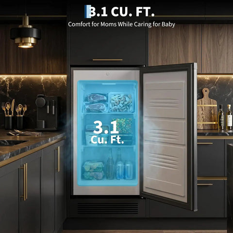Built Tough 3.1 Cu Ft Upright Freezer Freestanding Deep Chill Unit showing frozen food in clean stainless steel design.