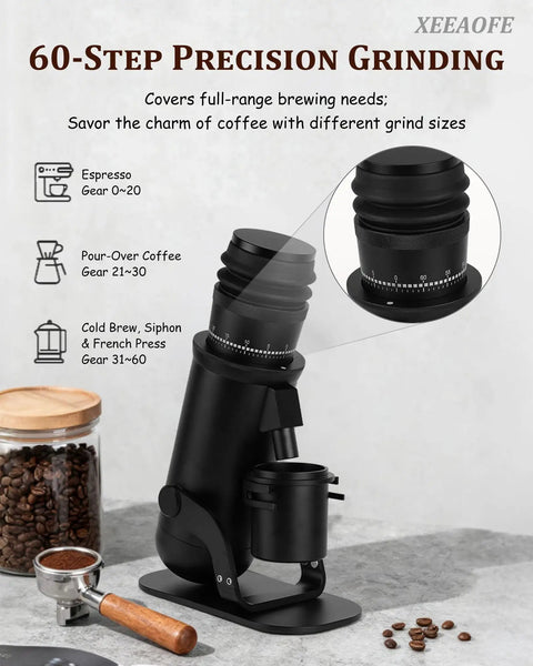 Top Tier Single Dose Coffee Grinder Featuring A Heavy Duty Aluminum Build And Premium 48MM Conical Burr With Sixty Step Micro Adjustments, showcasing grind settings for espresso and pour-over.