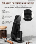 Next Level Heavy Duty Aluminum Conical Burr Coffee Grinder With Sixty Exact Settings from Smooth Espresso to Hearty French Press.