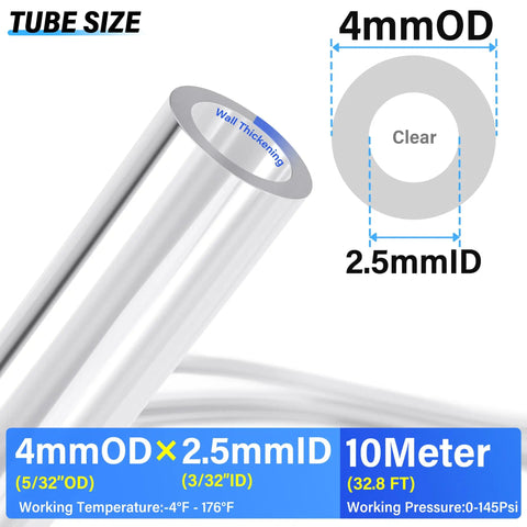 Illustration of Clear PU Air Hose Kit Pro Grade 4mm Outer Diameter 5/32 Inch and 2.5mm Inner Diameter 10 Meters sizing details