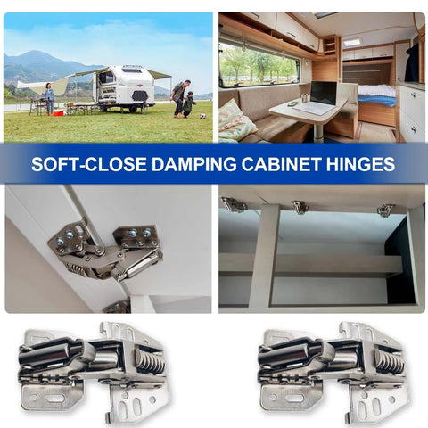 4-pack RV marine-grade cabinet hinges with soft-close dampers; front view, side mounting, close-up hinge, installed in RV cabinet.