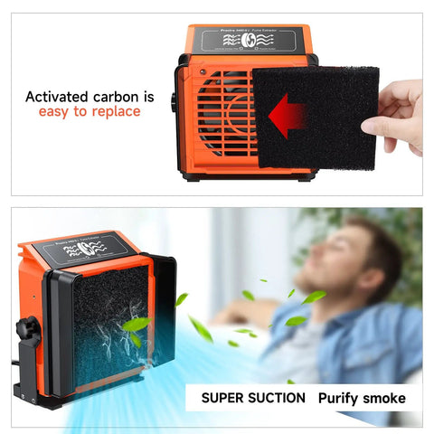 Solder Smoke Absorber Kit With Tiltable Fume Extractor showing filter replacement and smoke absorption