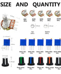 Potentiometer Kit With 10K 20K 50K 100K Ohm Linear Taper Rotary B Type Pots For Audio Gear Includes 1K 5K 10K 50K 100K Ohm 3296W Multiturn Trimmer, Nuts, Washers, Knobs, 105Pcs showing various components, sizes, and colors.