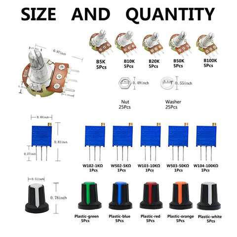 Potentiometer Kit With 10K 20K 50K 100K Ohm Linear Taper Rotary B Type Pots For Audio Gear Includes 1K 5K 10K 50K 100K Ohm 3296W Multiturn Trimmer, Nuts, Washers, Knobs, 105Pcs showing various components, sizes, and colors.