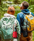 Two hikers with backpacks carrying 15W Portable Bluetooth Speaker With Dual True Wireless Stereo For Party Vibe, Loud Crisp Highs And Deep Bass, IPX6 Waterproof Shower Speaker, Bluetooth 5.0, Dual Pairing For Home Theater And Gaming On The Go.