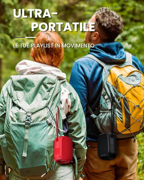 Two hikers with backpacks carrying 15W Portable Bluetooth Speaker With Dual True Wireless Stereo For Party Vibe, Loud Crisp Highs And Deep Bass, IPX6 Waterproof Shower Speaker, Bluetooth 5.0, Dual Pairing For Home Theater And Gaming On The Go.