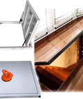 Slick Recessed Floor Hatch And Discreet Basement Entry Door For Storm Shelter Featuring Hella Sturdy Steel Build With Smooth Hydraulic Lift And Easy Grip Handle 52 By 29 Inch Crawl Space Access, open showing interior