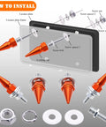 Spike License Plate Screw Fasteners Kit For Cars, Trucks And Bikes, orange bolts with 6mm thread. Includes installation diagram.