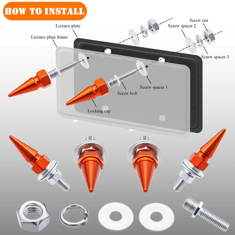 Spike License Plate Screw Fasteners Kit For Cars, Trucks And Bikes, orange bolts with 6mm thread. Includes installation diagram.