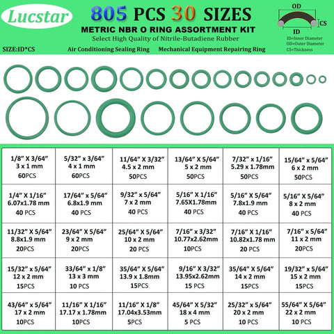 Diagram of Pro Grade 805 Piece Rubber O Ring Kit For Cars And Home Repairs With 30 Sizes displayed by Lucstar brand.