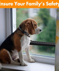 Beagle sitting by window with Sliding Door Security Bar Adjustable From 17 To 51 Inches in place, black steel construction.