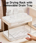 Coffee Bar Organizer Station With 2 Tier Mug Rack And Removable Drain Tray on counter with glasses drying, easy install