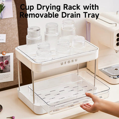 Coffee Bar Organizer Station With 2 Tier Mug Rack And Removable Drain Tray on counter with glasses drying, easy install
