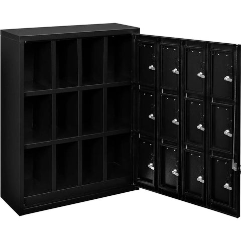 Built Different 12 Door Tablet And Cell Phone Locker Featuring Keyed Differently Locks, solid black metal storage with 12 slots.
