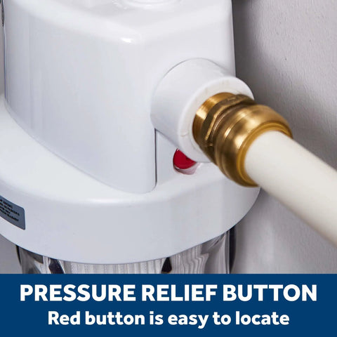 Pressure relief button on Whole House Water Filtration System Built Tough With Clear Sump, Reduces Sediment, Rust, Dirt And More, Includes Install Kit