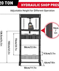 Beefy 20 Ton Hydraulic Shop Press With H Frame For Garage Floors Adjustable Plates And Built In Safety Valve Perfect For Metal Bending Straightening And Stamping Rugged Black Unit front view with measurements